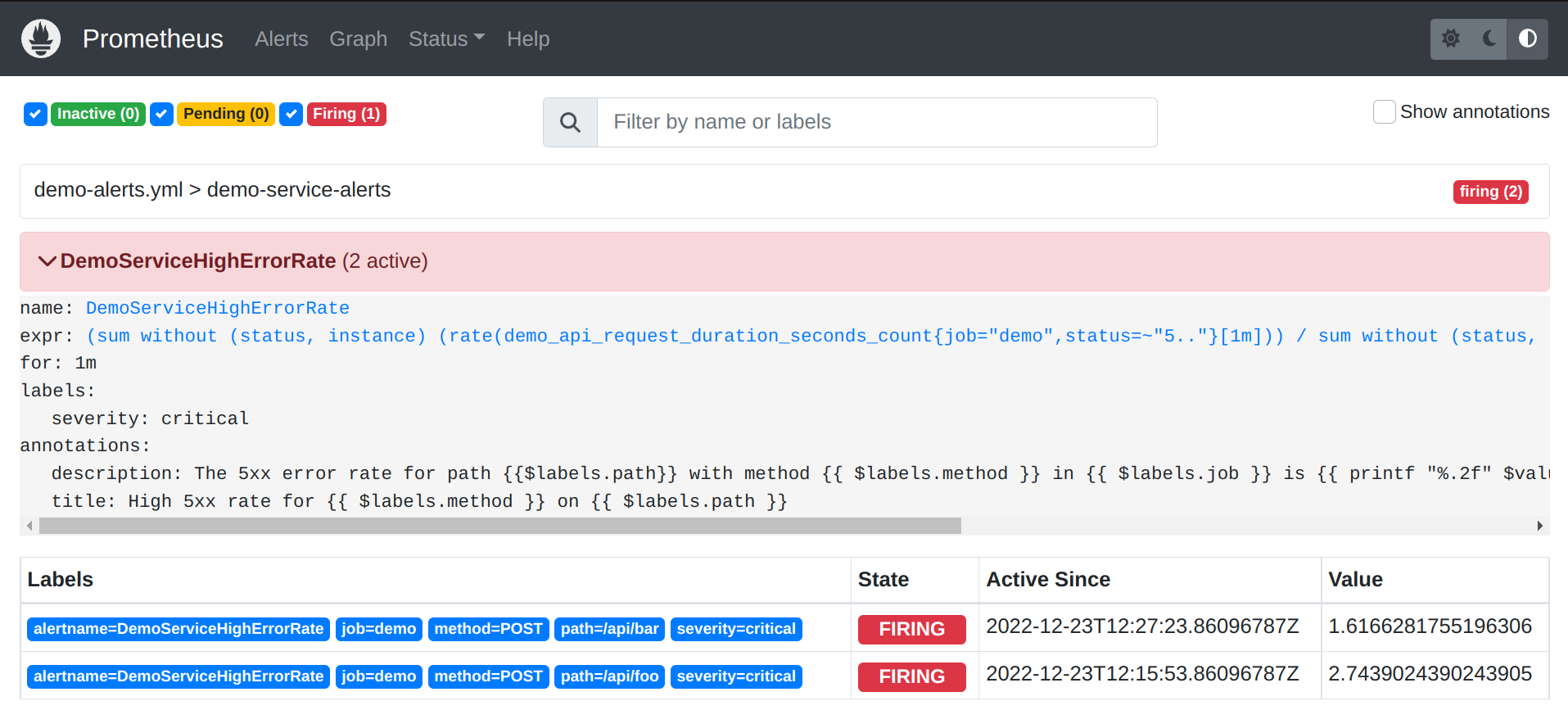 The Prometheus server's alerts page with firing alerts